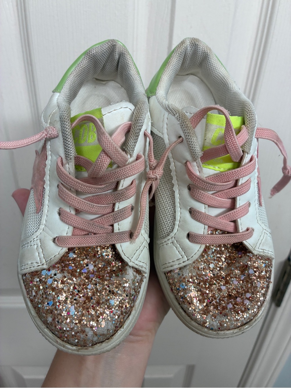 Girls Sparkle Star White Sneakers with Pink Accents and Rose Gold Glitter Toe